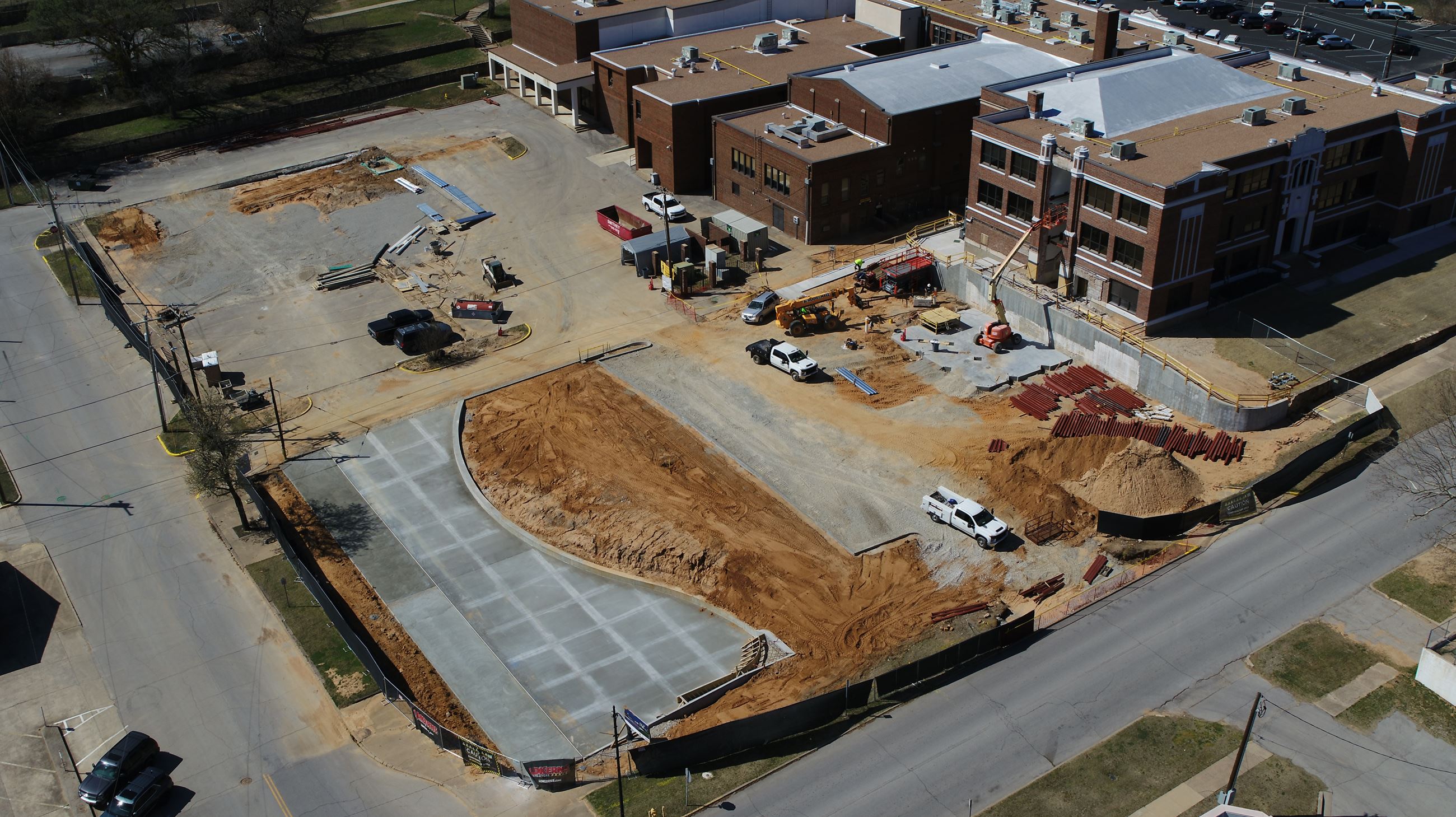 overhead drone photo of downtown community plaza