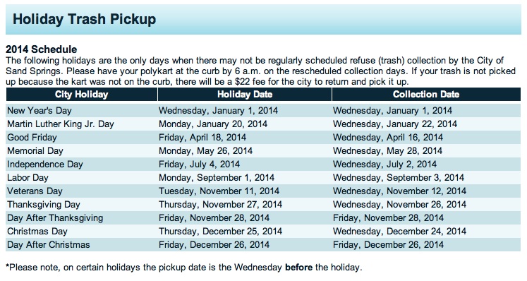 2014 Holiday Trash Schedule